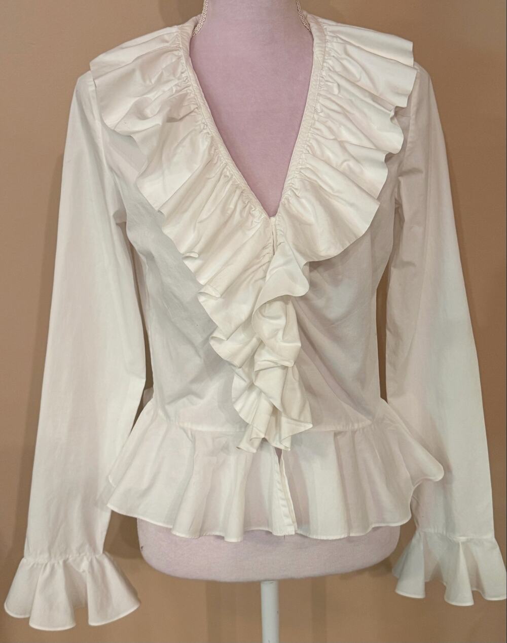 LAUREN Ralph Lauren Wht Ruffle Blouse V-Neck Peplum Top Flared Cuff Cotton Sz 4